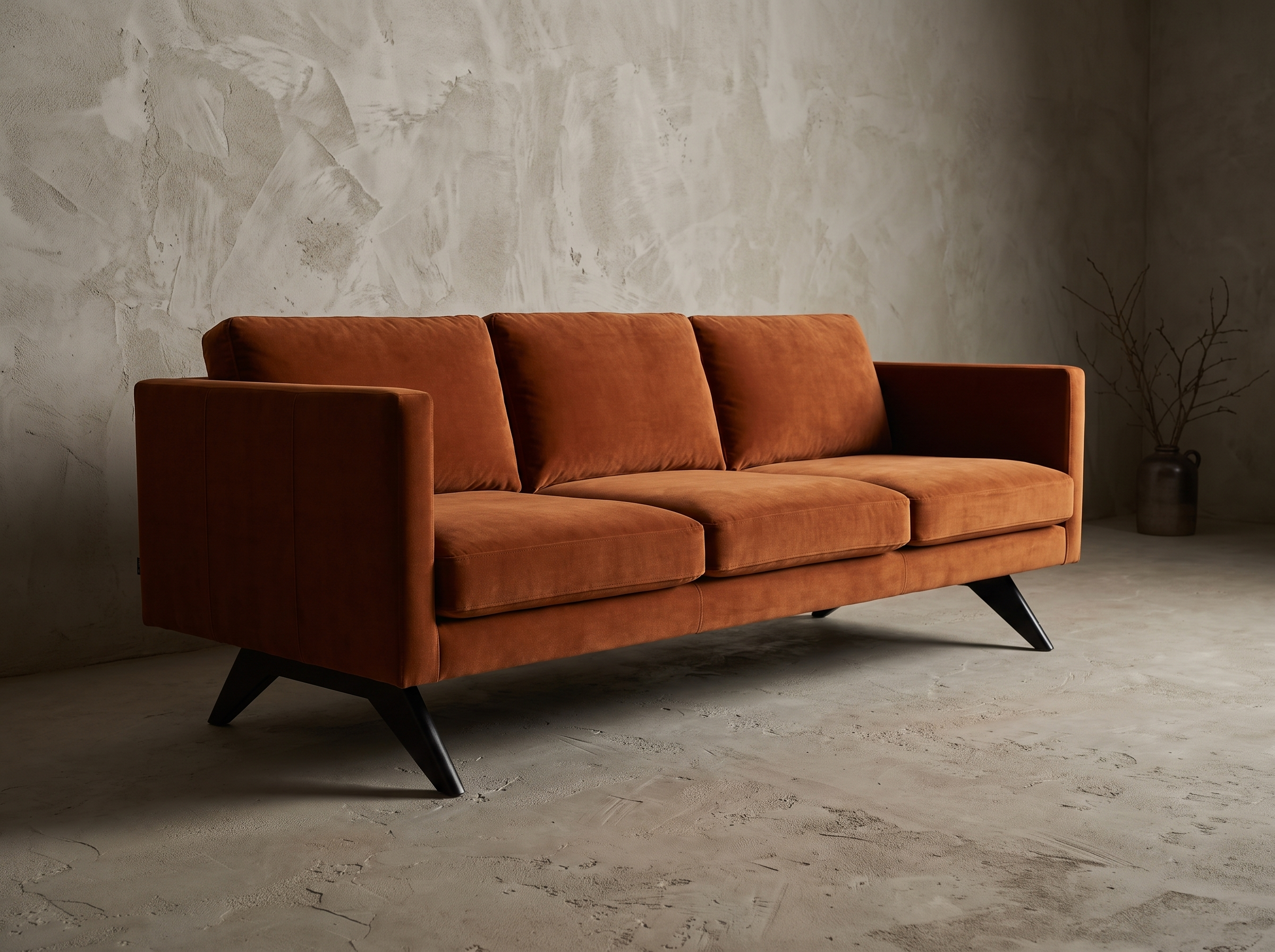 Burnt orange velvet boomerang-leg sofa, 45 degree three-quarter angle showing the track-arm form