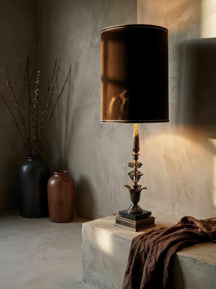 The Vesper Lamp lit on a greige plaster ledge, chocolate velvet drum shade glowing, stoneware vessels and bare branches beside it