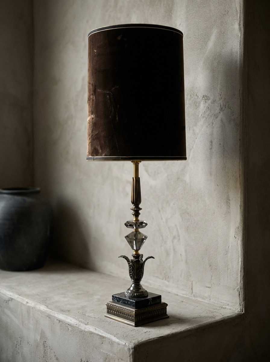 Alternate three-quarter view of the lamp against a troweled plaster wall in raking light