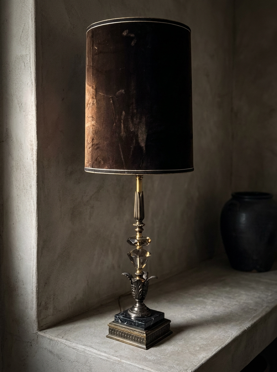 Three-quarter view of the whole lamp, bronze plinth and black marble base up to the velvet shade rim