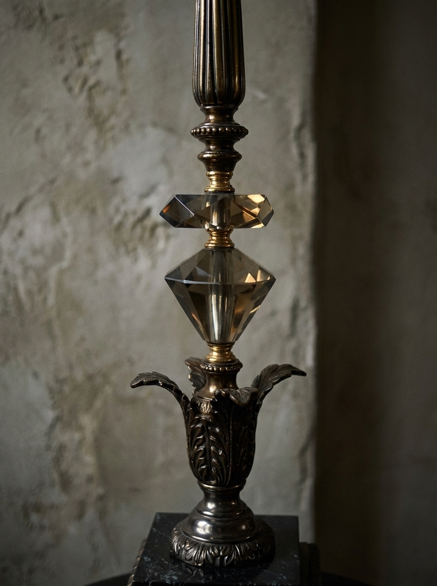 Macro detail of the two faceted smoked crystals, beaded bronze knop and cast acanthus leaf cup