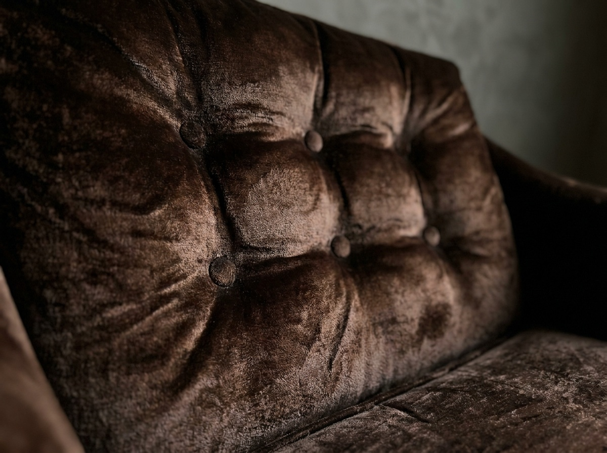 Raking macro across the tufted back cushion showing the directional pile and worn patina of the crushed velvet