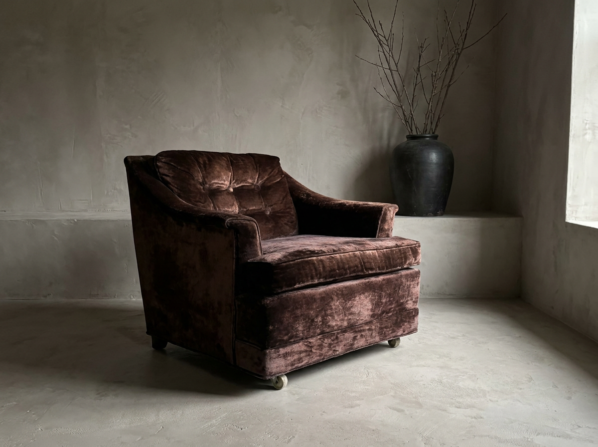 Three-quarter view of a single chocolate crushed velvet club chair showing the six-button tufted back cushion, rolled arms, upholstered plinth base and front caster