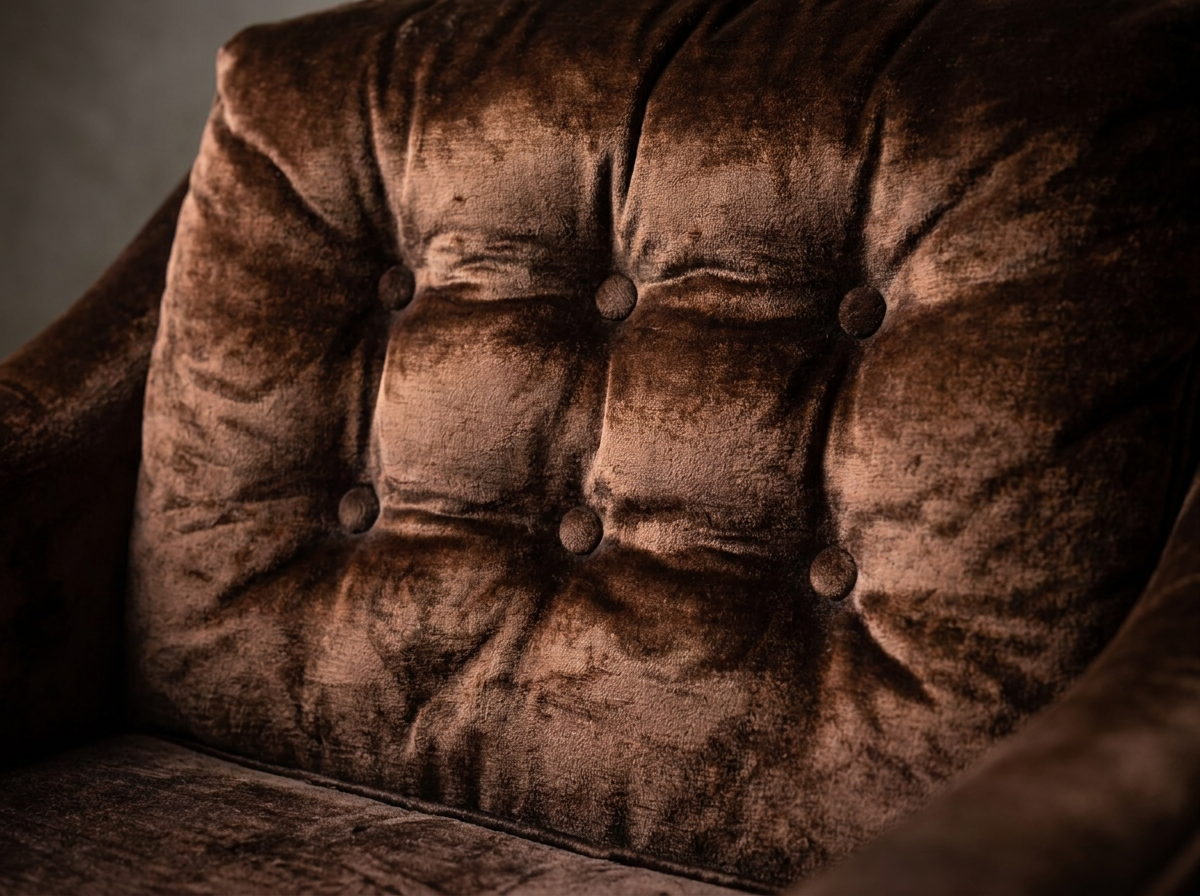 Macro detail of the tufted back cushion showing all six self-covered buttons and the crushed chocolate velvet nap