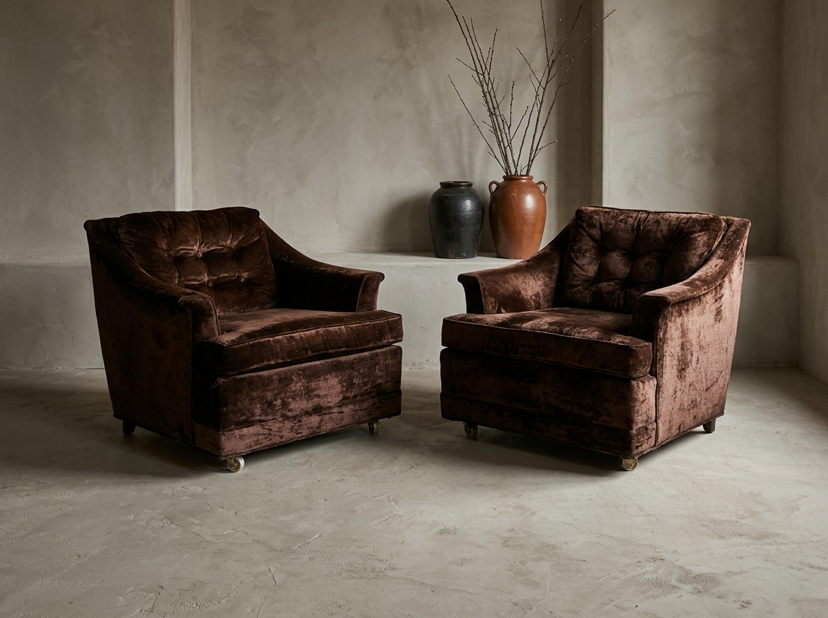 A pair of vintage chocolate crushed velvet club chairs angled toward each other in a greige troweled plaster room, with charcoal and terracotta stoneware vessels and bare branches behind