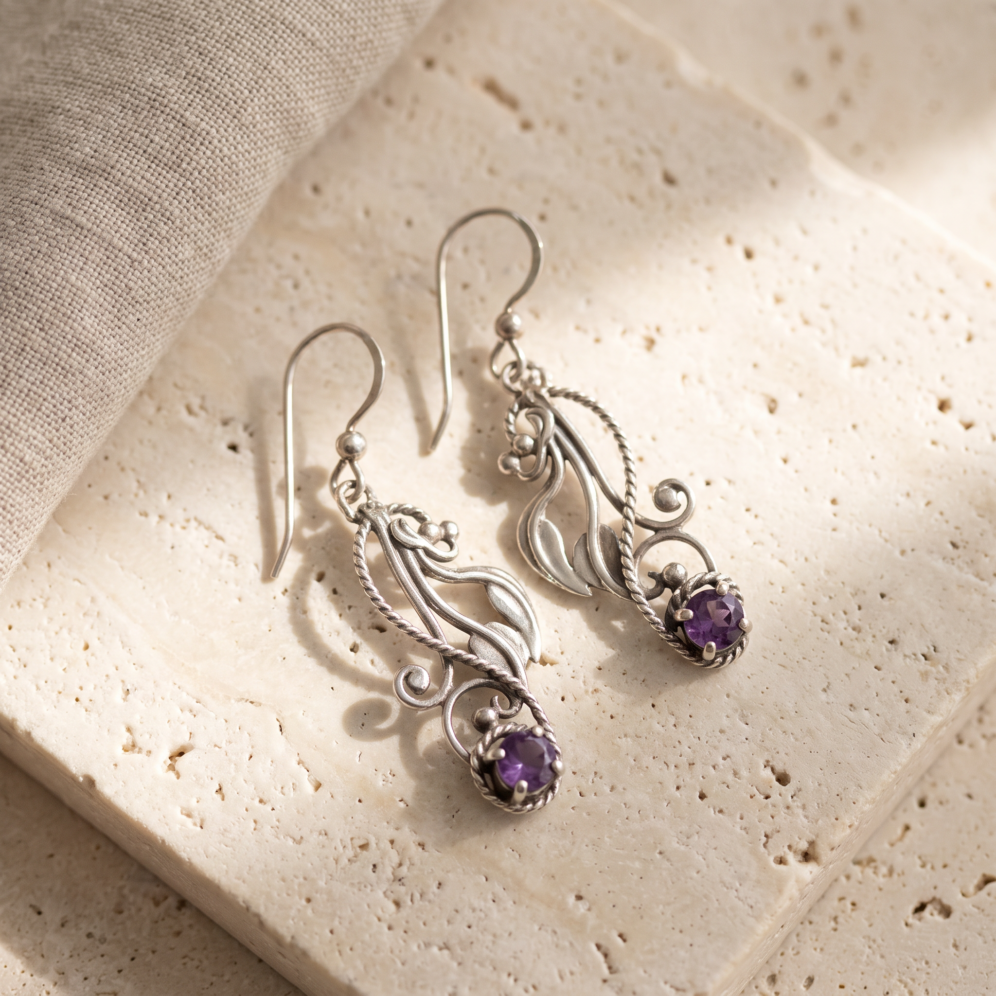 Amethyst Tendril Drop Earrings by Jacques, Art Nouveau openwork sterling drops with amethyst on travertine