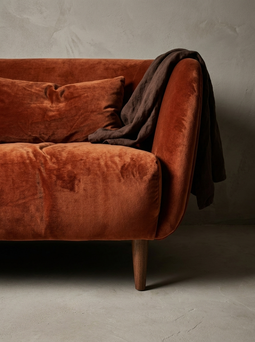 Front corner of the sofa with chocolate linen draped over the arm and the rounded apron rolling into the walnut leg