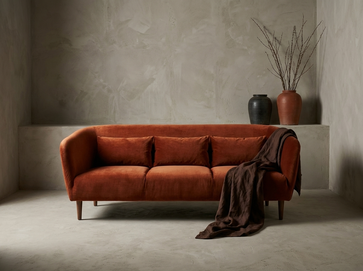 Burnt orange velvet curved sofa against a greige plaster wall, chocolate linen draped over the far arm, stoneware vessels and dried branches on a plaster ledge