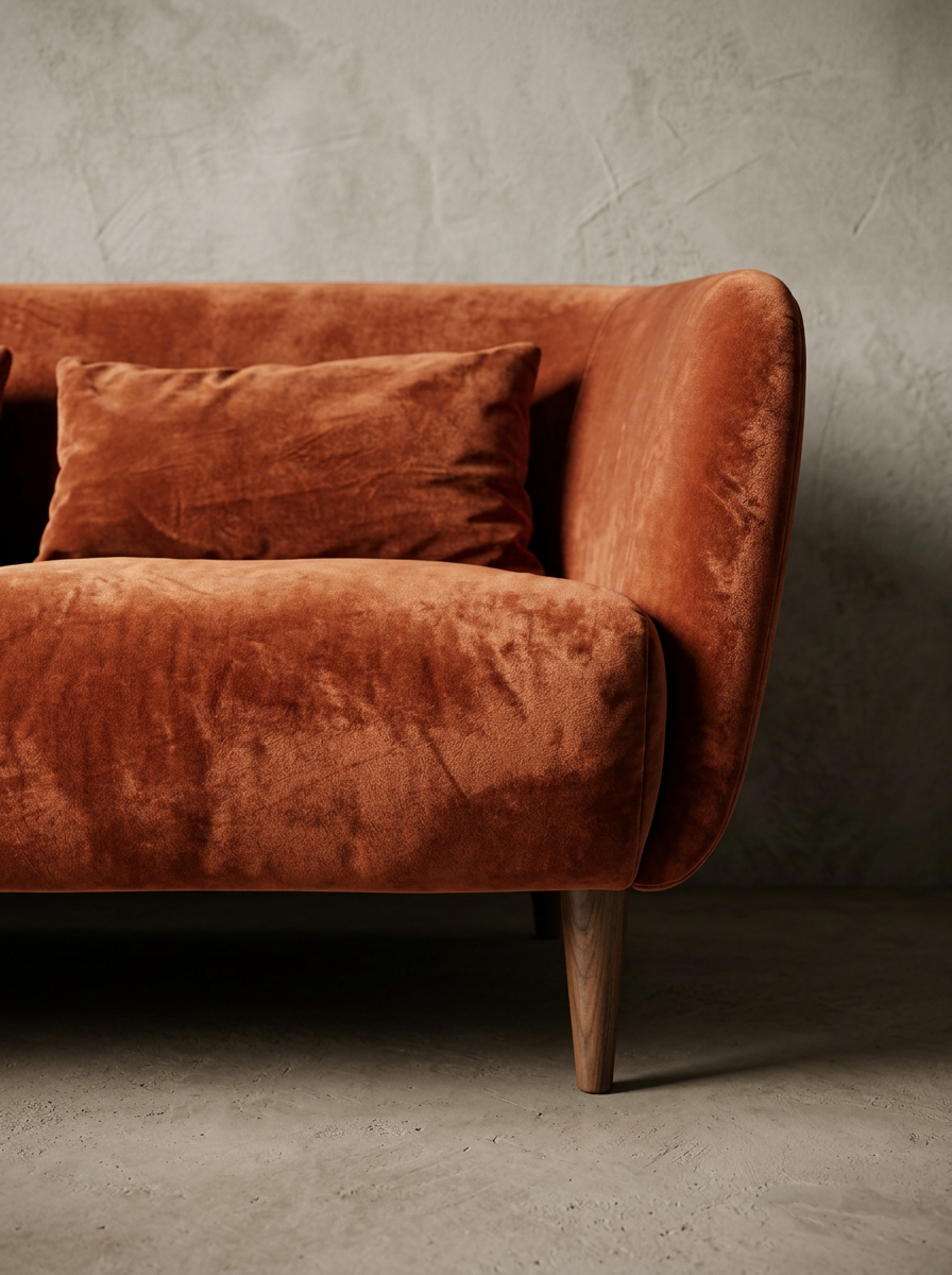 Close detail of the sofa seat cushion, low curved arm, rust lumbar pillow and slim tapered walnut leg