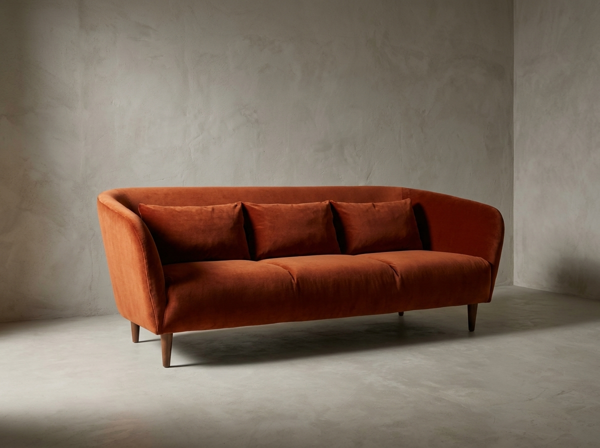 Three-quarter view of the burnt orange velvet curved sofa alone in an empty plaster room, showing the continuous curved shell and tapered walnut legs