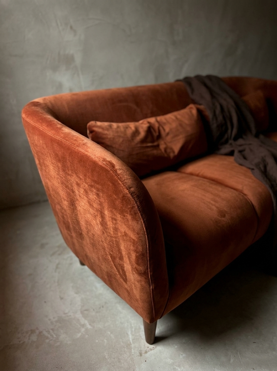 Macro of the curved arm shell in raking light, welt cord and directional velvet nap in relief