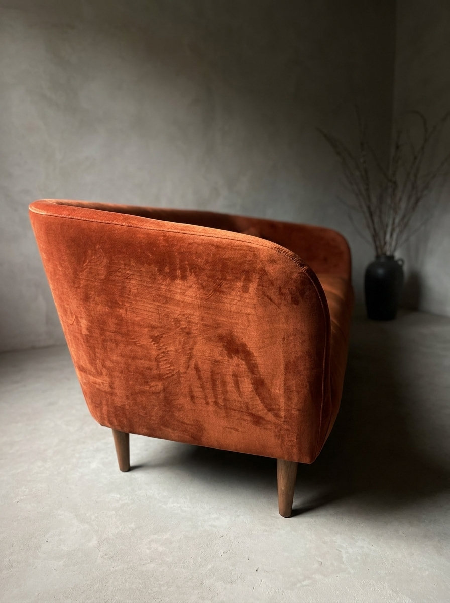 Outside back of the sofa showing the welt cord along the top edge, crushed velvet nap and slim tapered walnut legs