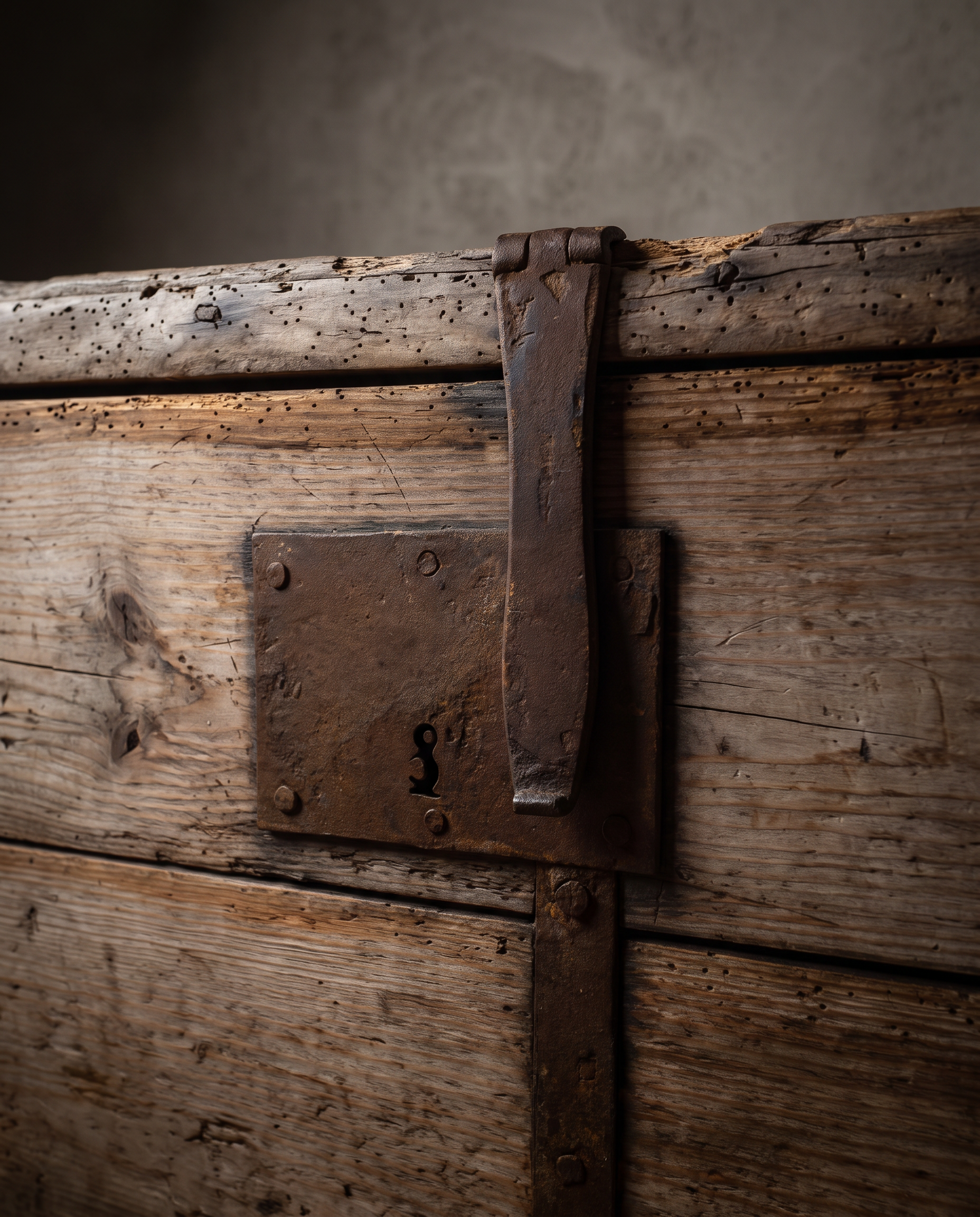 Detail of the antique pine trunk's iron lock plate and hasp strap