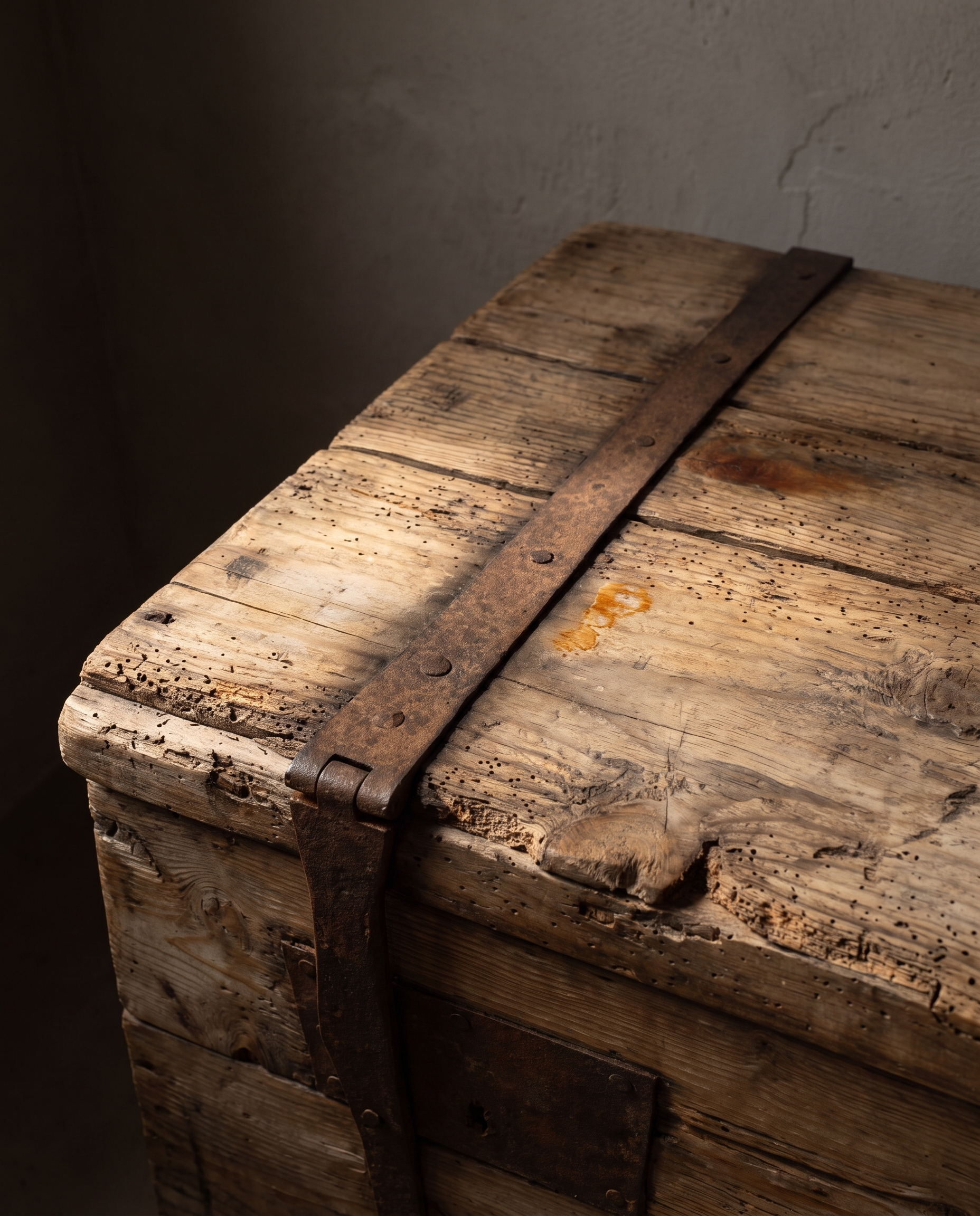 Detail of the antique pine trunk's lid strap hinge and worm holes