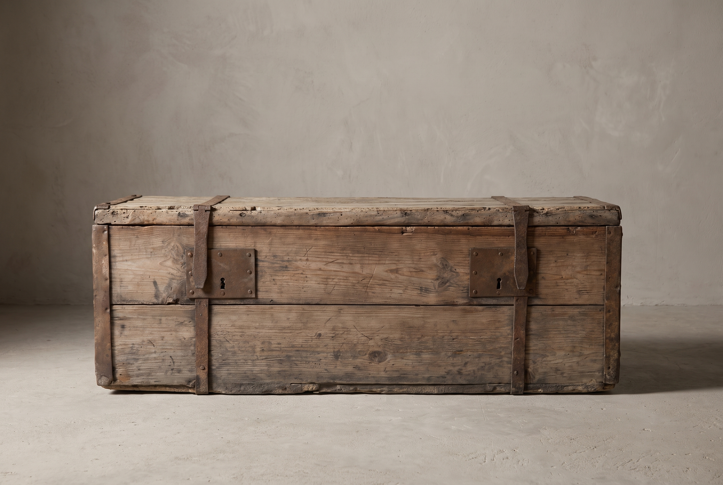 Antique pine trunk straight-on front elevation showing full length and ironwork