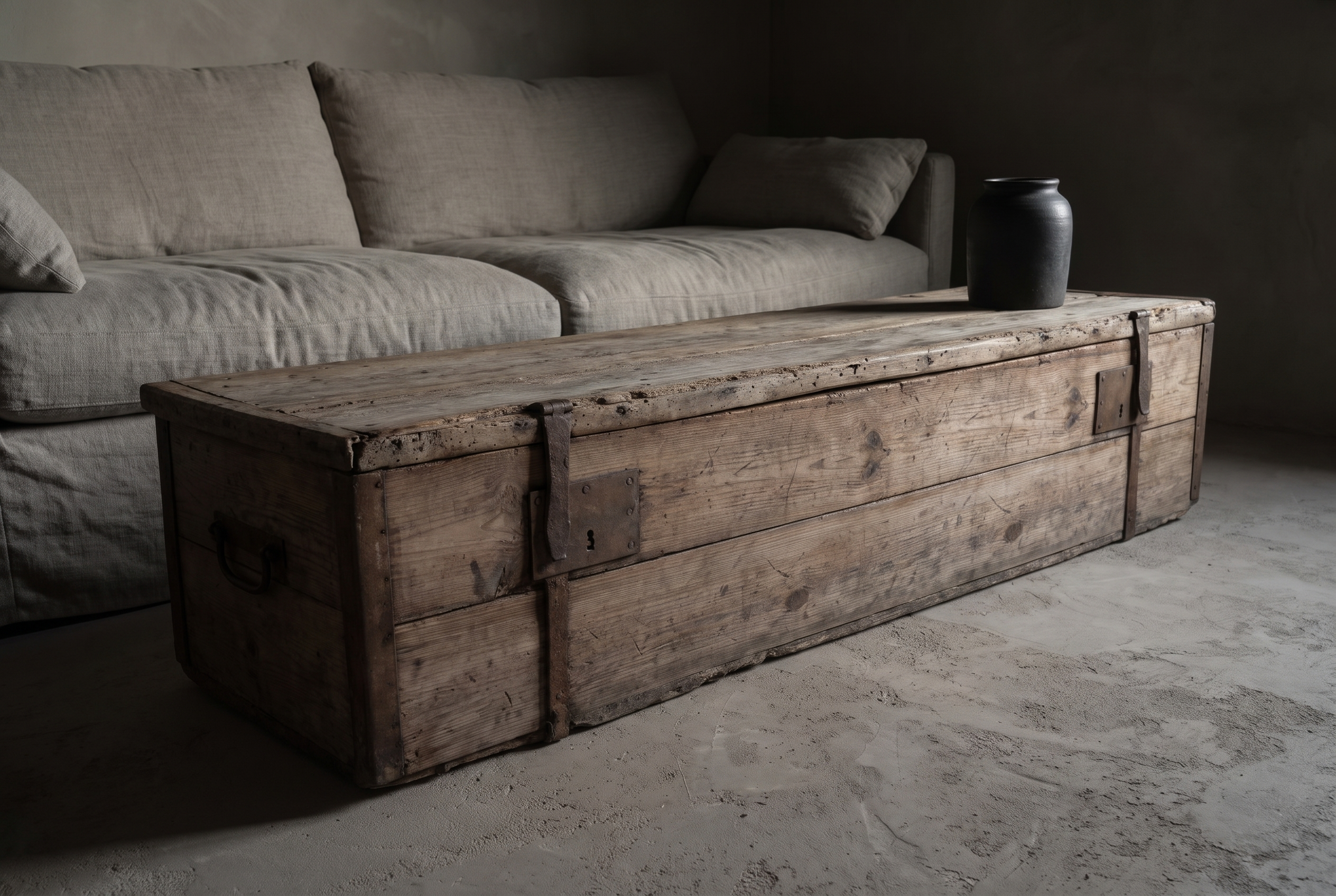 Antique pine trunk as a coffee table, low angle along its length