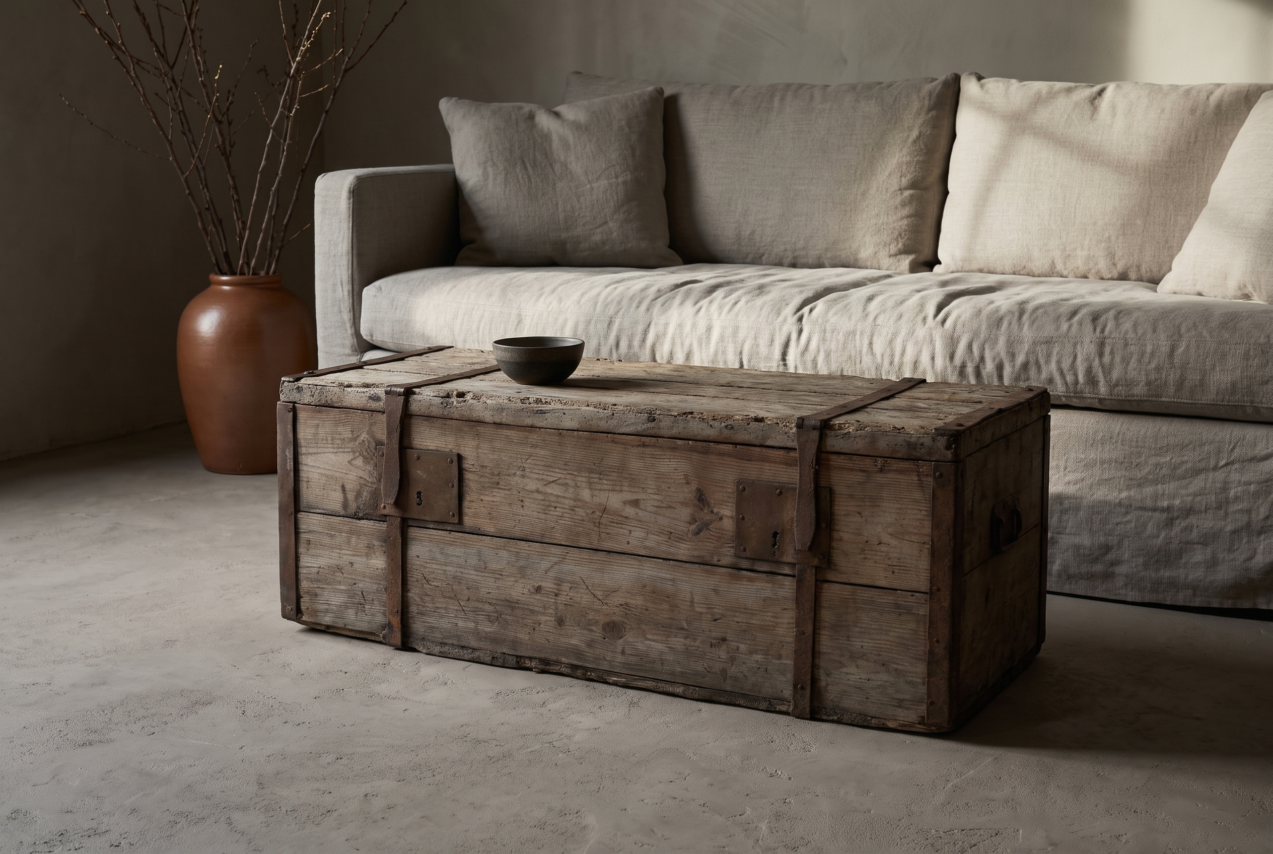 Antique pine trunk used as a coffee table in front of a linen sofa, greige plaster room