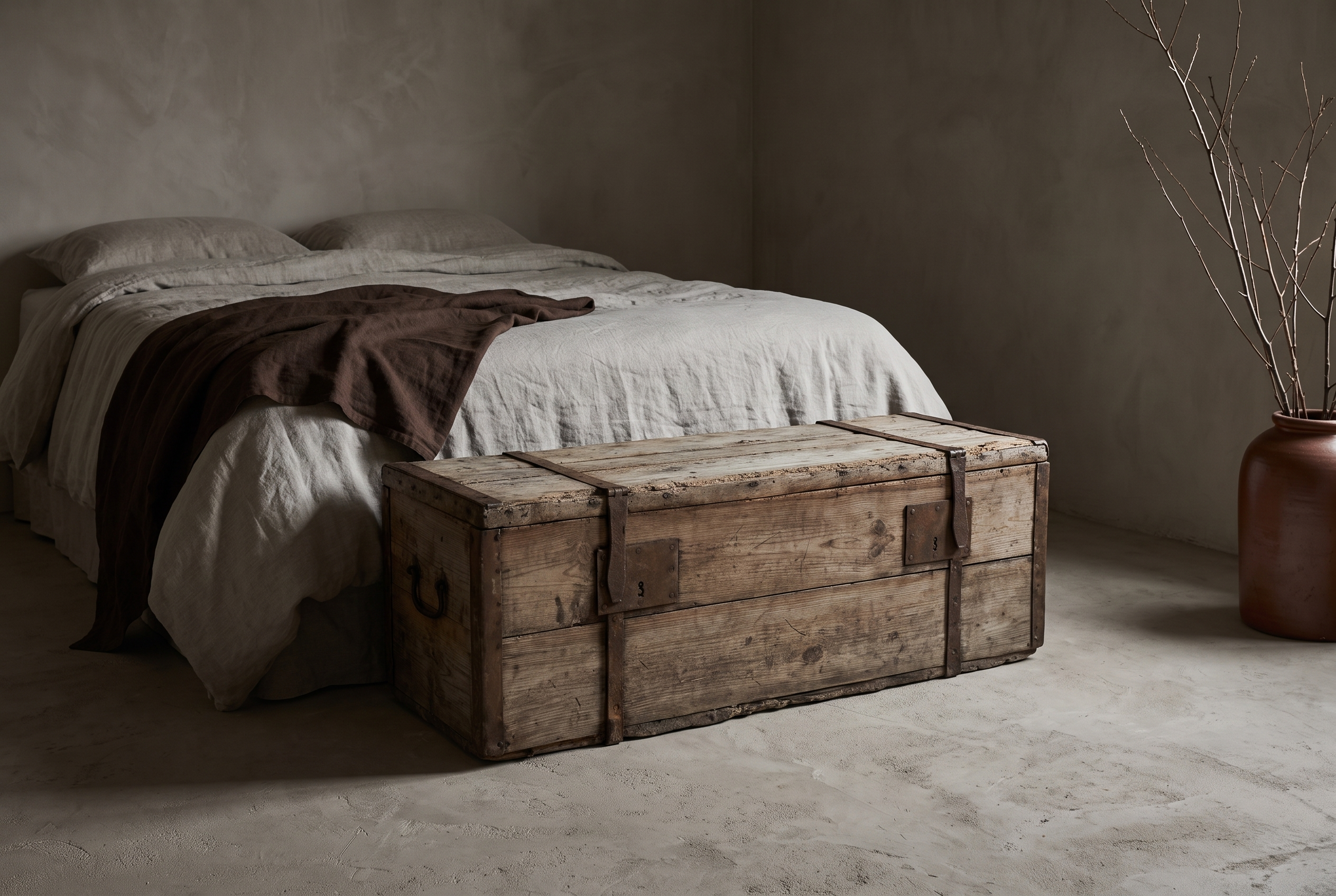 Antique pine trunk at the foot of a bed used as a bench