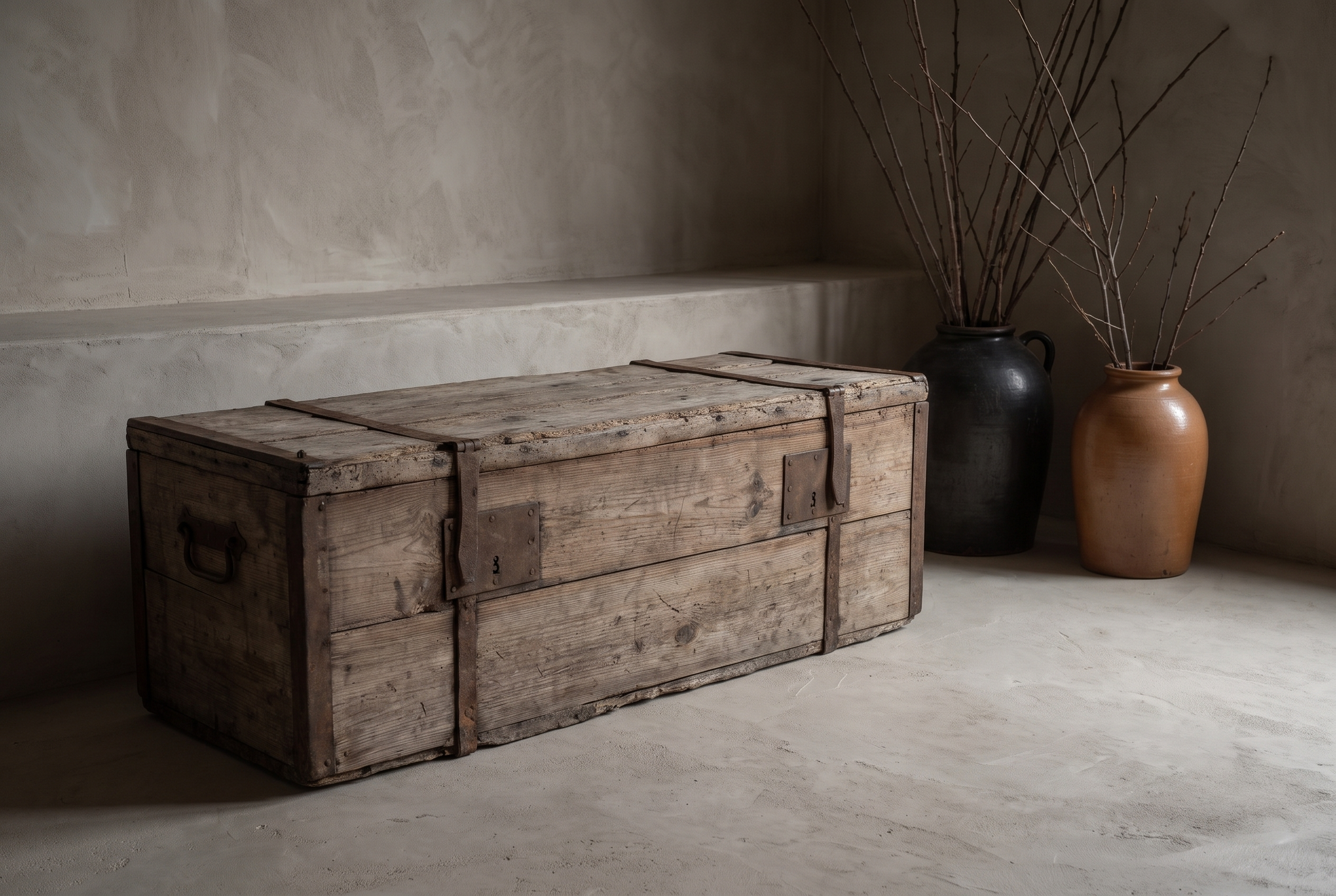 Antique pine trunk three-quarter view with stoneware vessels and dried branches