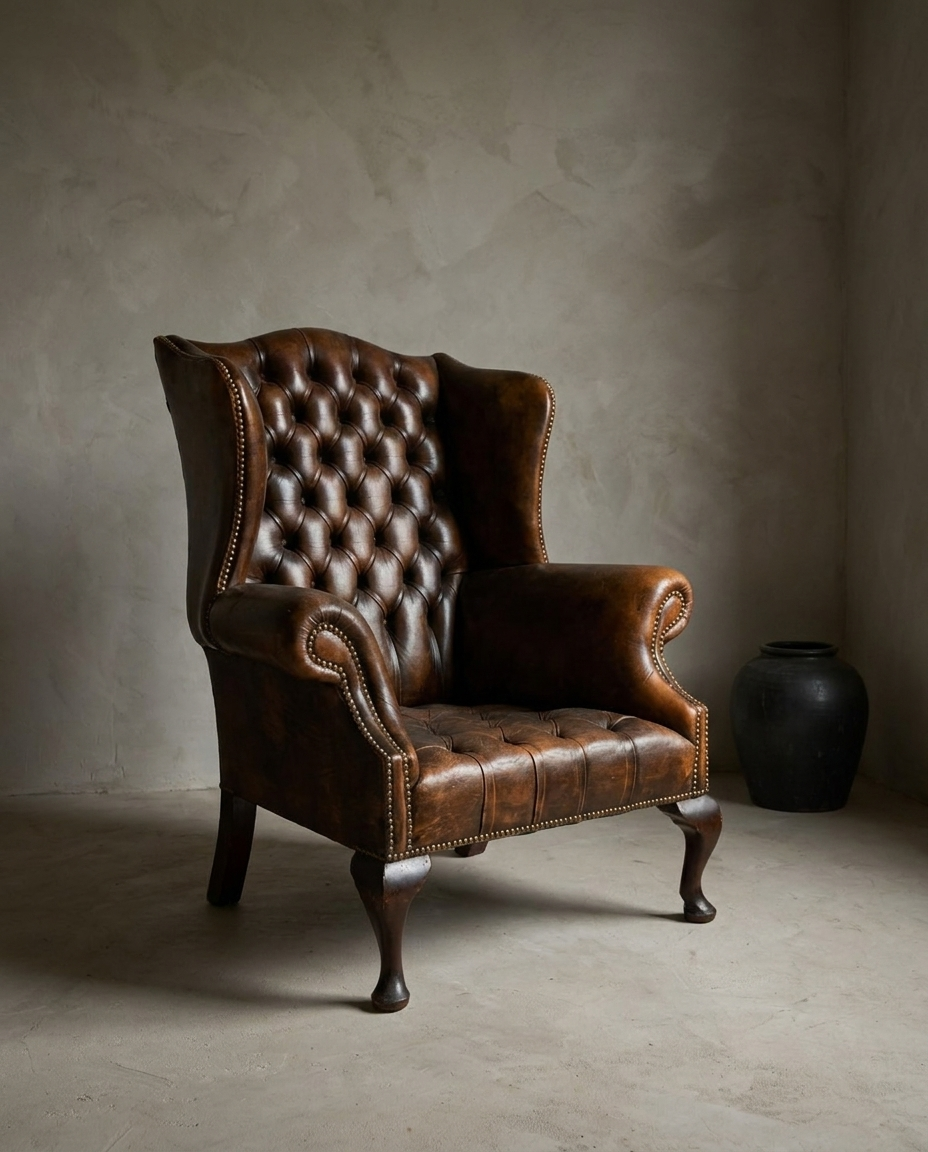 Three-quarter view of the button-tufted leather wingback chair with rolled scroll arms and cabriole legs
