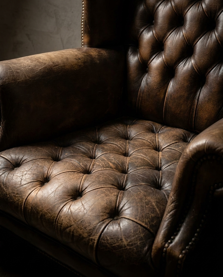 Macro of the deeply button-tufted leather seat, creased and sat-in, meeting the rolled arm