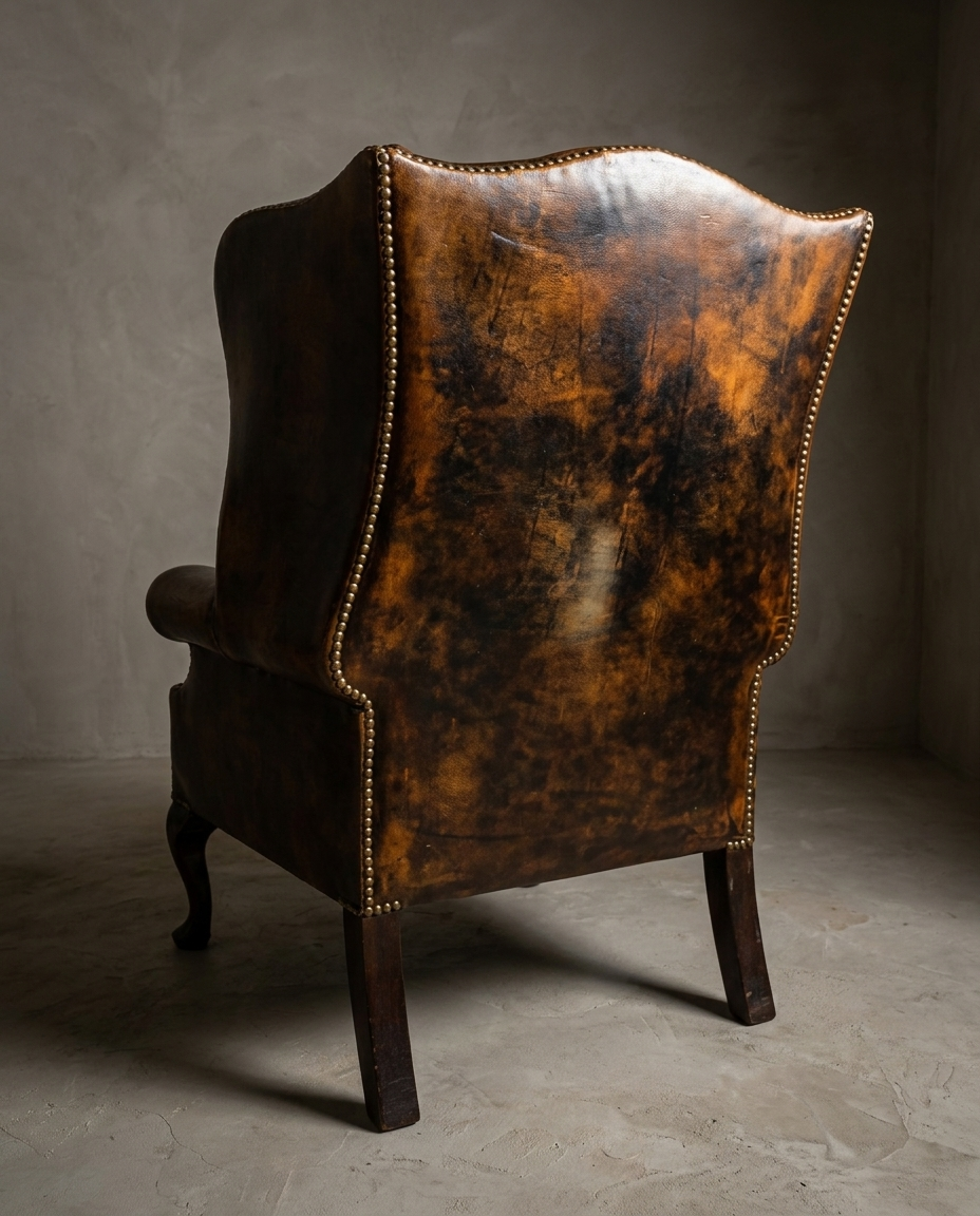 Rear view of the wingback chair showing the plain outside back leather with mottled patina and brass nailhead trim