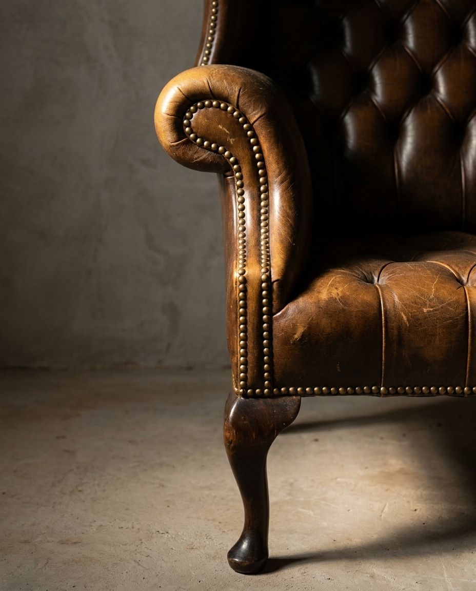 Detail of the rolled arm scroll with antique brass nailheads following the spiral, cabriole leg below