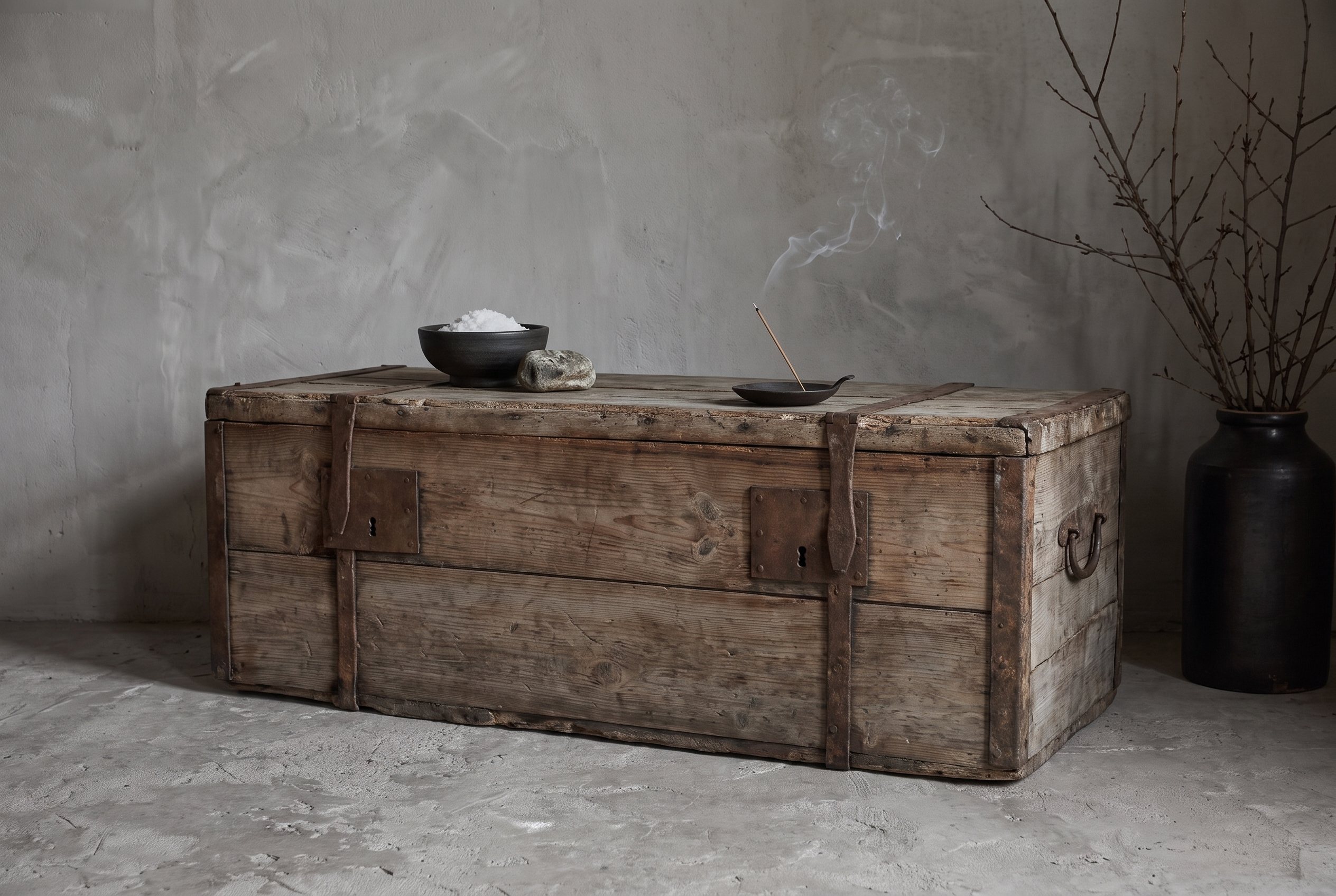 Antique pine trunk styled as a low altar stand with salt bowl, stone, and incense
