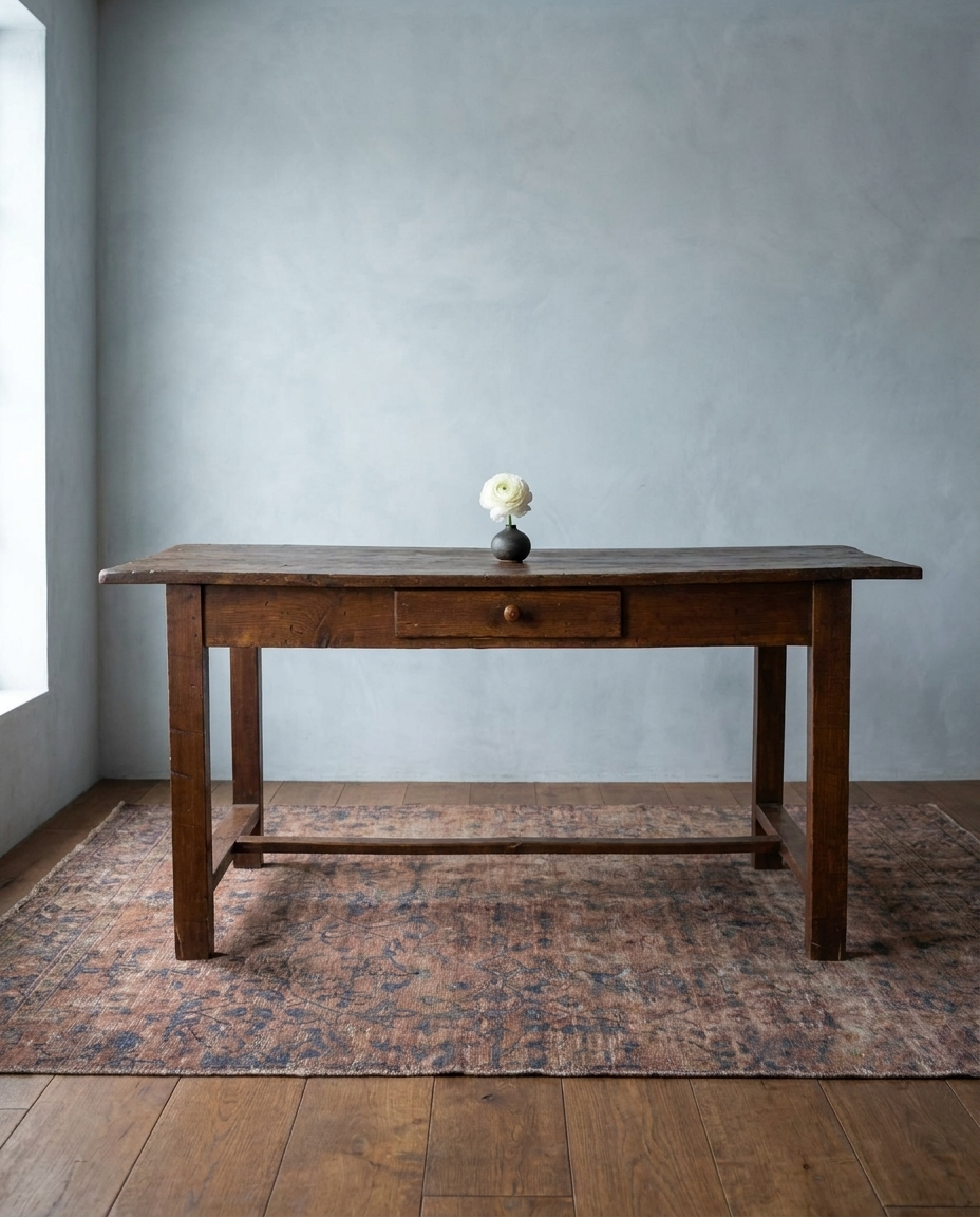 Front view of The Hawthorn Desk showing its full 88 inch length, single drawer with wooden pull, square tapered legs and low stretcher