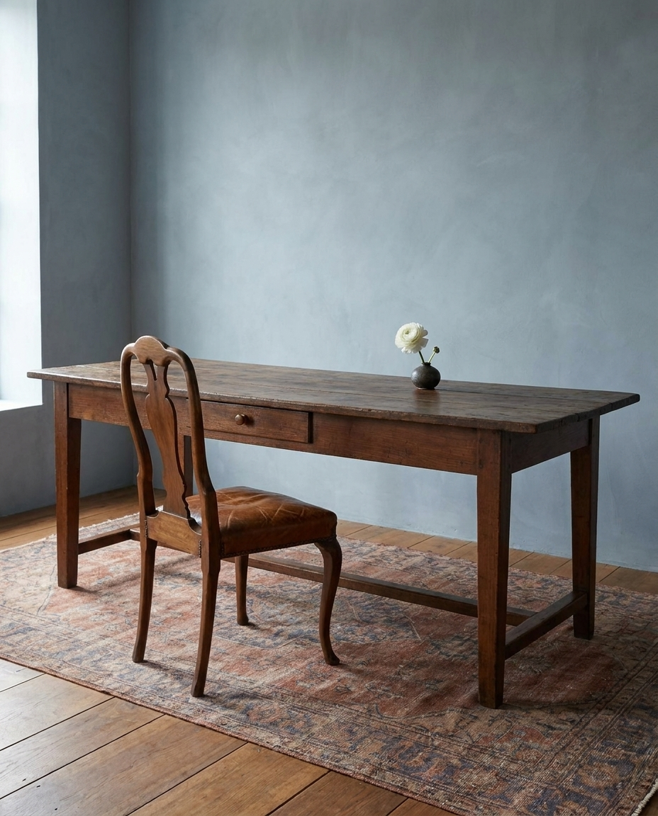 The Hawthorn Desk, a long low antique wooden writing desk with a carved walnut side chair upholstered in worn cognac leather pulled up to it, soft blue-grey plaster walls and a faded Persian rug on wide plank floors