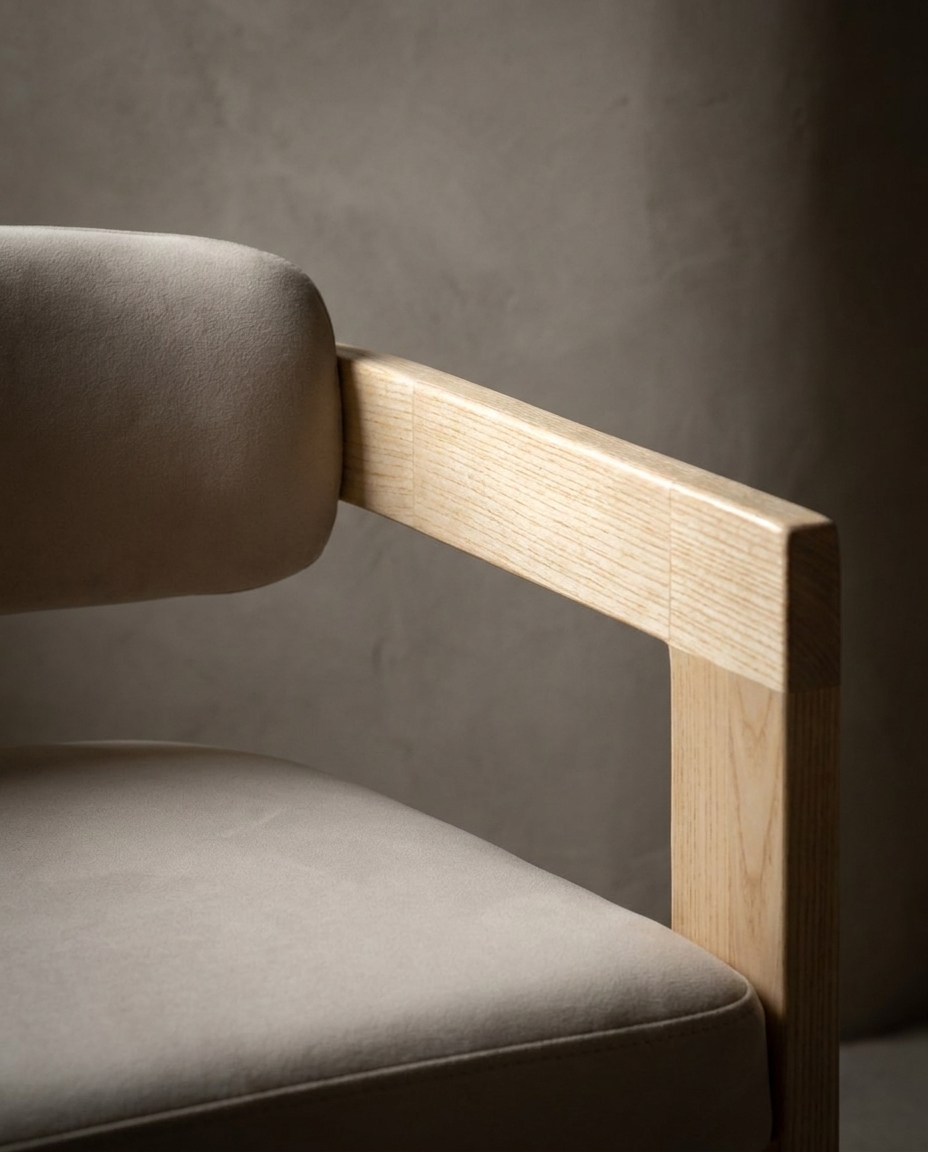 Macro detail of the ash arm rail running back to the floating crescent microsuede back cushion