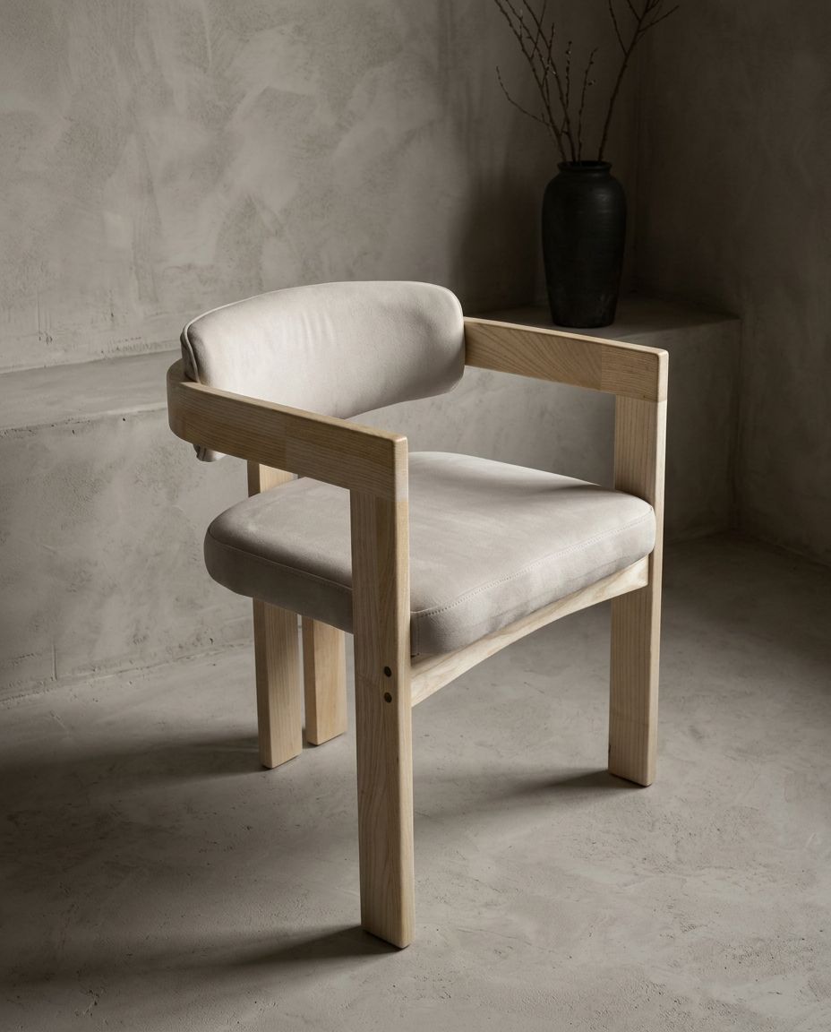 Three-quarter view of a single sueded white armchair showing the pale ash frame, square arm rail and floating crescent back cushion
