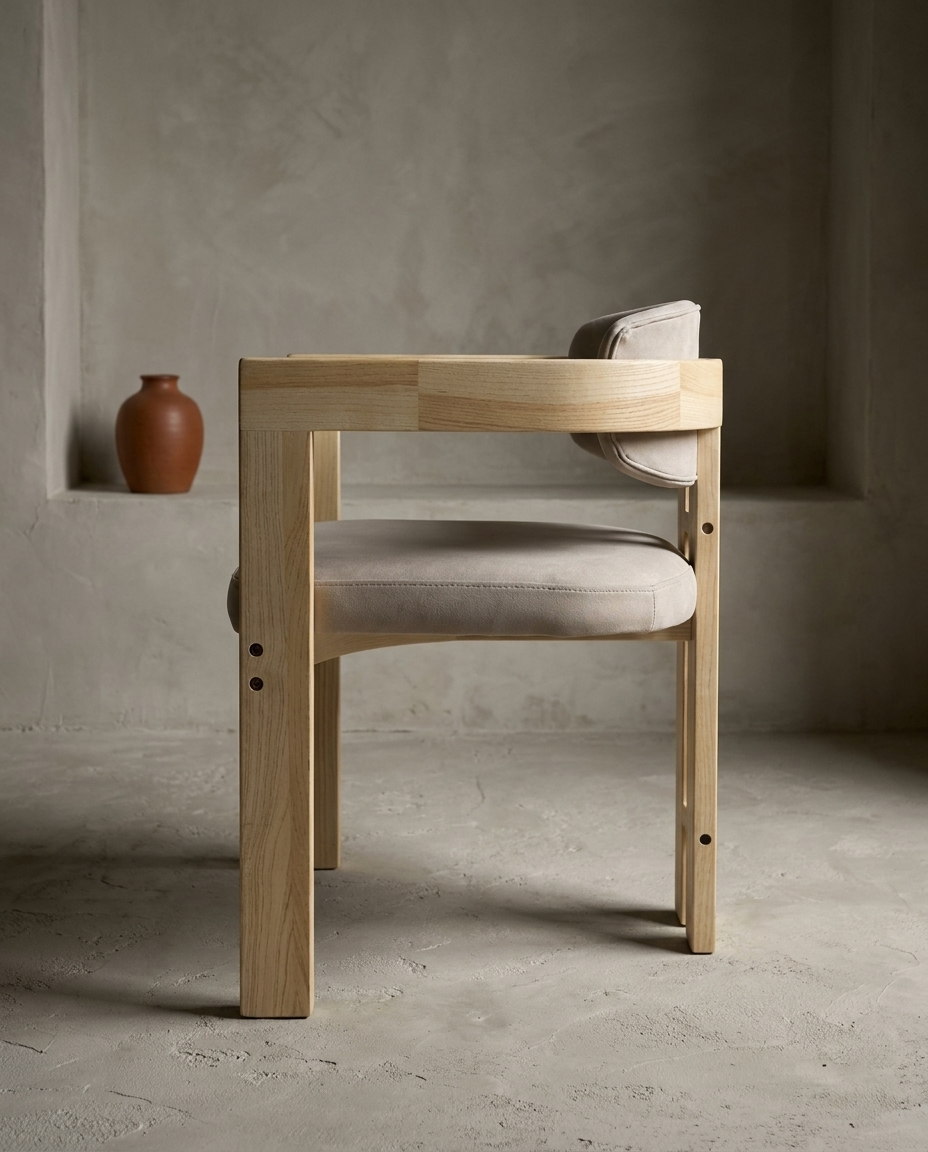 Side profile of the sueded white armchair showing the flat arm rail running back to the curved back rail and the paired rear stiles