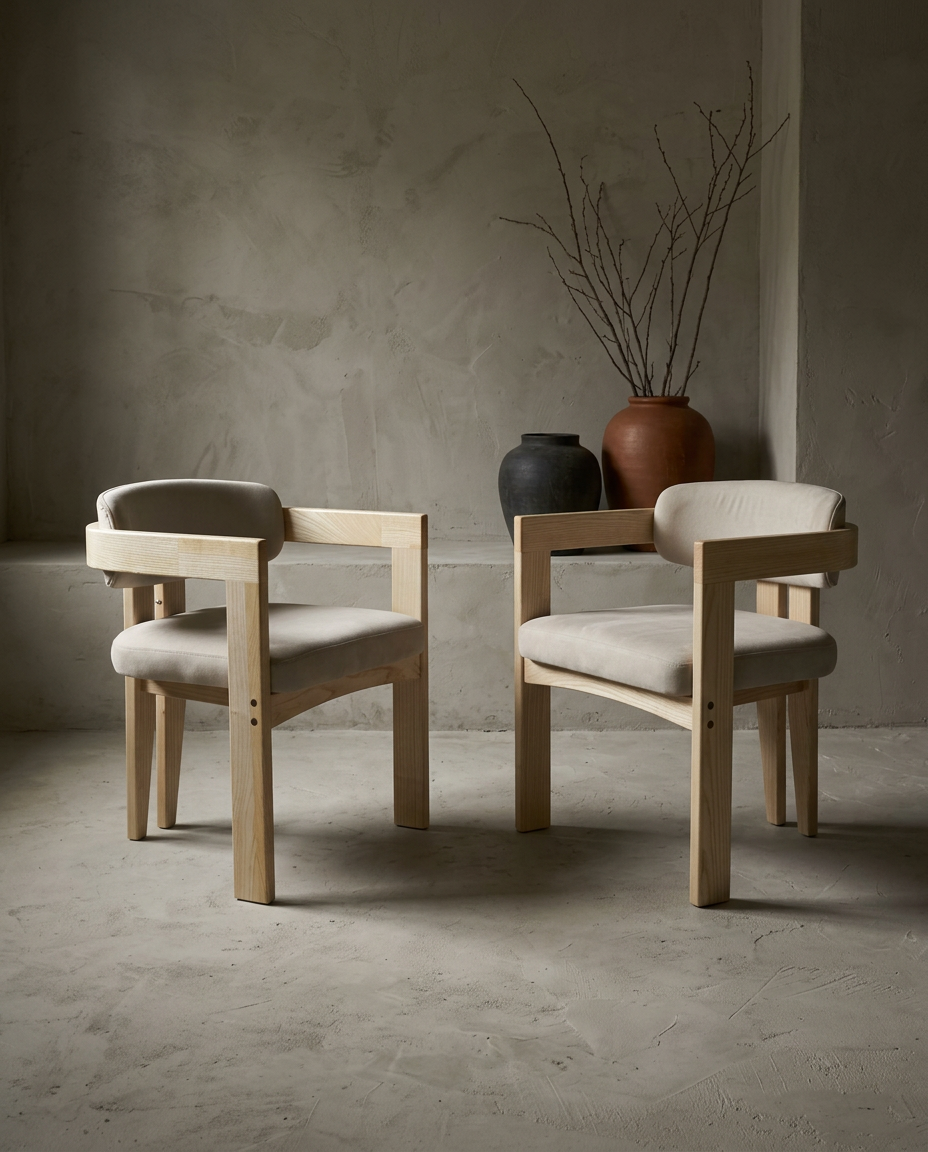 Pair of sueded white Pigreco-style armchairs in pale ash, angled toward each other in a greige plaster room with stoneware vessels and dried branches