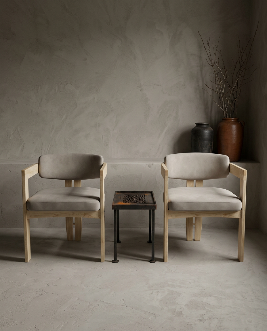 Both sueded white armchairs facing the viewer with the Antique Grate Side Table between them in a greige plaster room