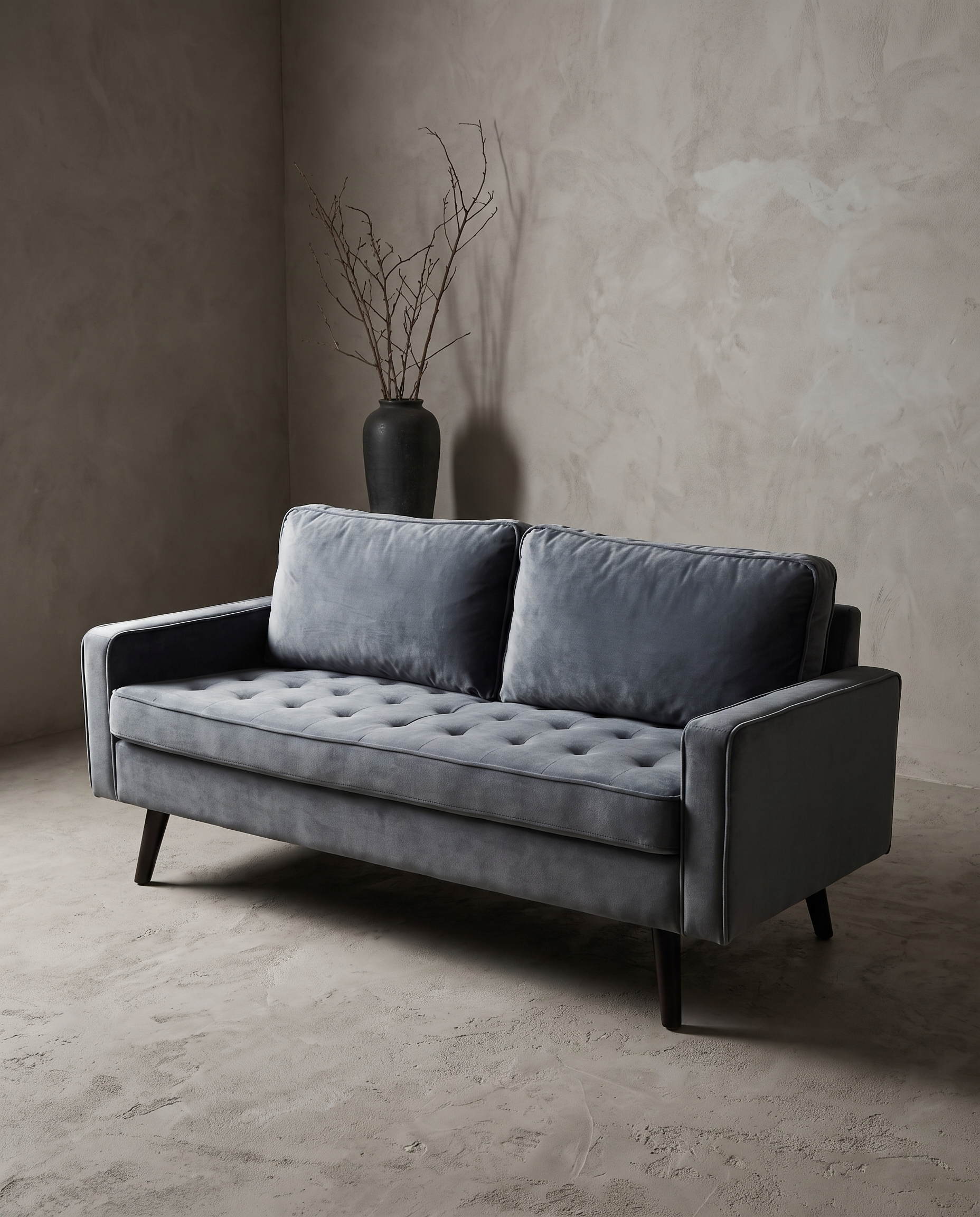 Dusk velvet track-arm loveseat, 45 degree three-quarter view showing full form and tufting