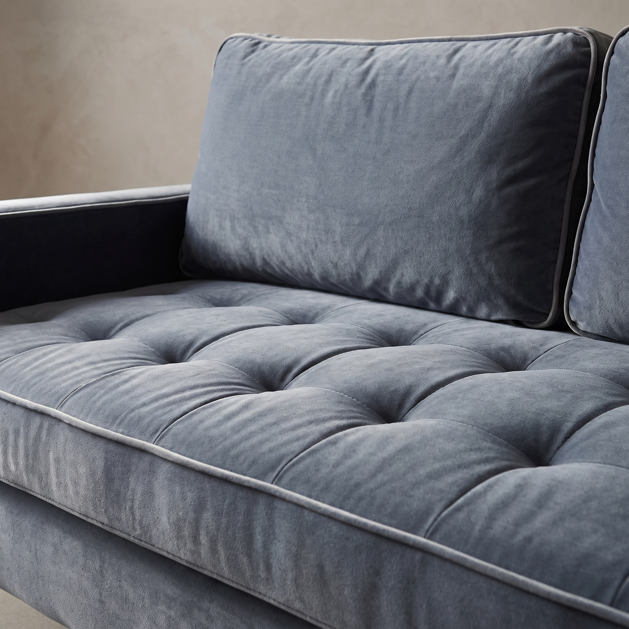 Macro detail of the biscuit-tufted velvet seat cushion and piping