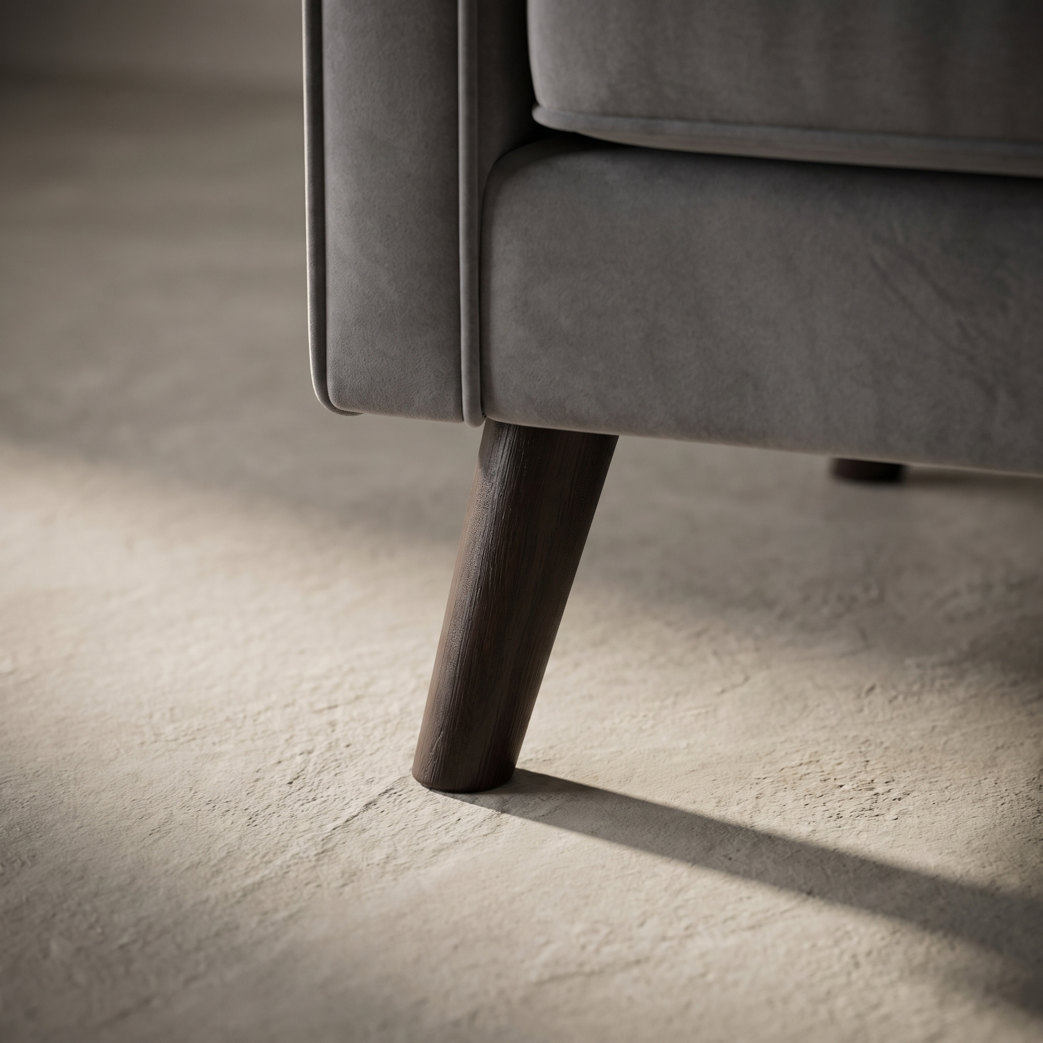 Macro detail of the tapered espresso wood leg meeting the square track arm