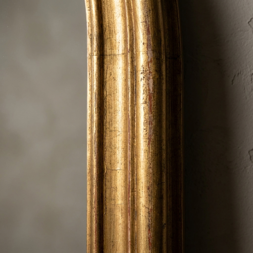 Macro detail of the gilt molding along the straight side of the mirror frame, rubbed through to red bole at the high points