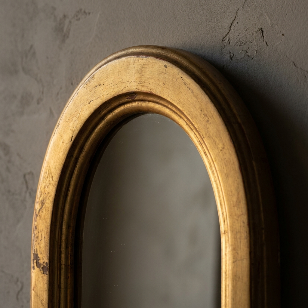Macro detail of the arch crown of the mirror showing the continuous rounded bead and age wear around the curve