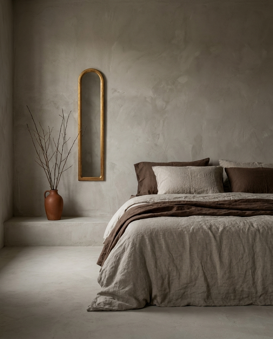 Slim arched giltwood mirror hung on greige plaster wall beside a low linen-dressed bed, terracotta vessel with bare branches on a plaster ledge