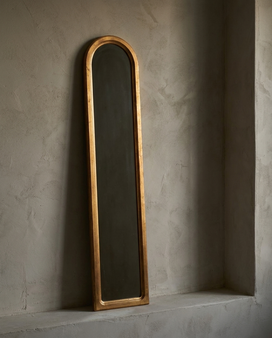 Three-quarter angled view of the slim arched giltwood mirror resting on a plaster ledge, showing the depth of the molding profile