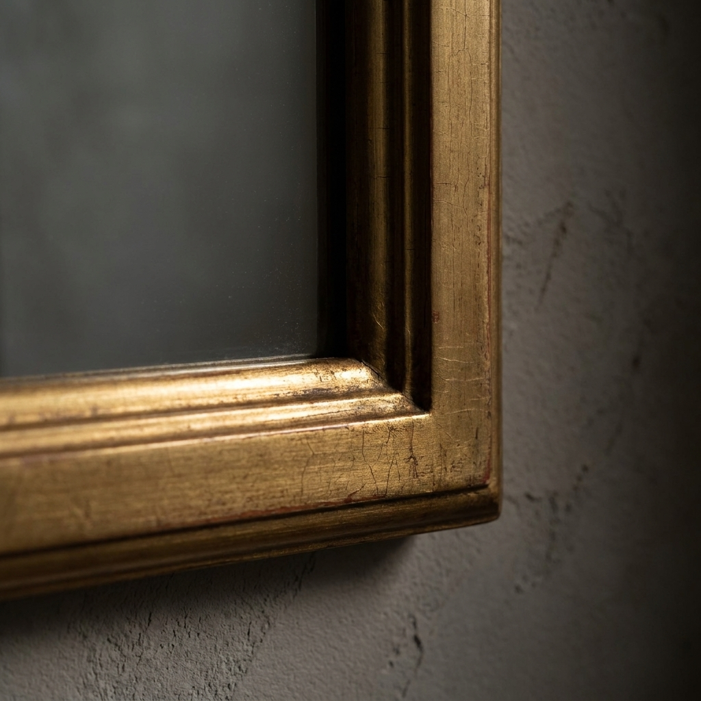 Macro detail of the lower corner of the giltwood frame showing worn gold leaf, gesso crackle and red bole beneath