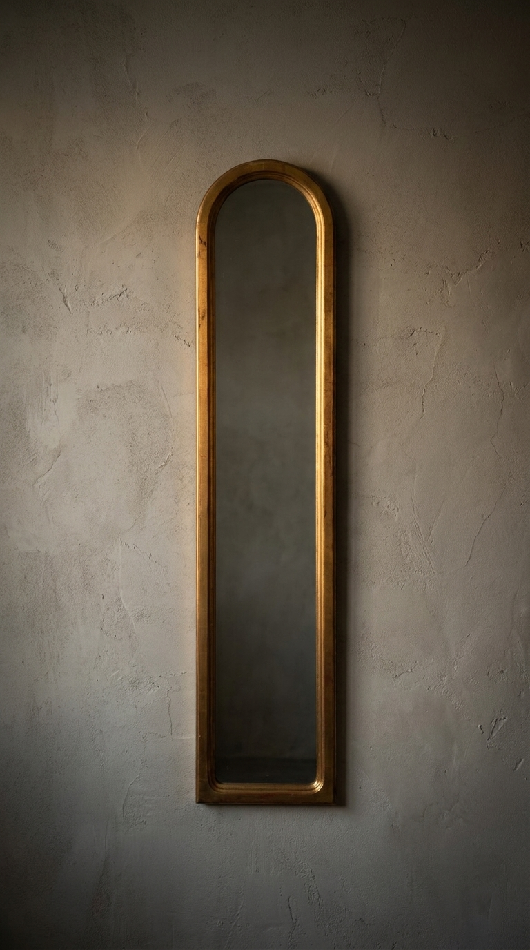 Straight-on view of the slim arched giltwood mirror alone on a bare greige plaster wall, worn gold leaf frame