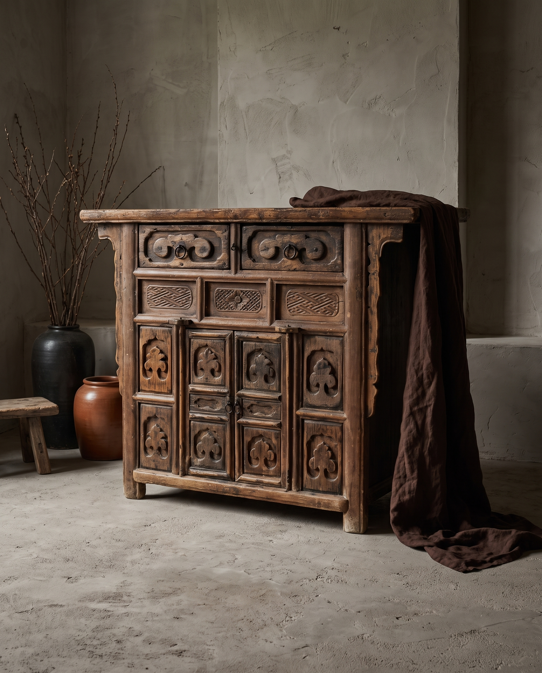 Antique Tibetan hand-carved altar chest, lifestyle hero, greige plaster room