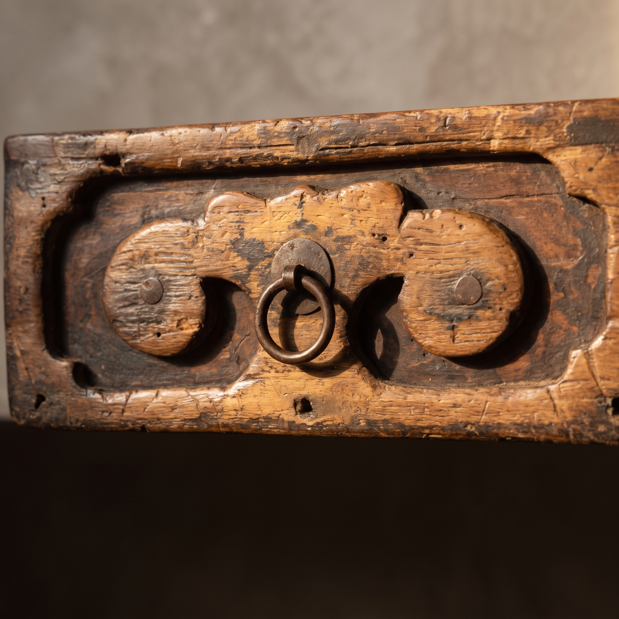 Macro detail of the carved cloud-bracket drawer pull, alternate angle