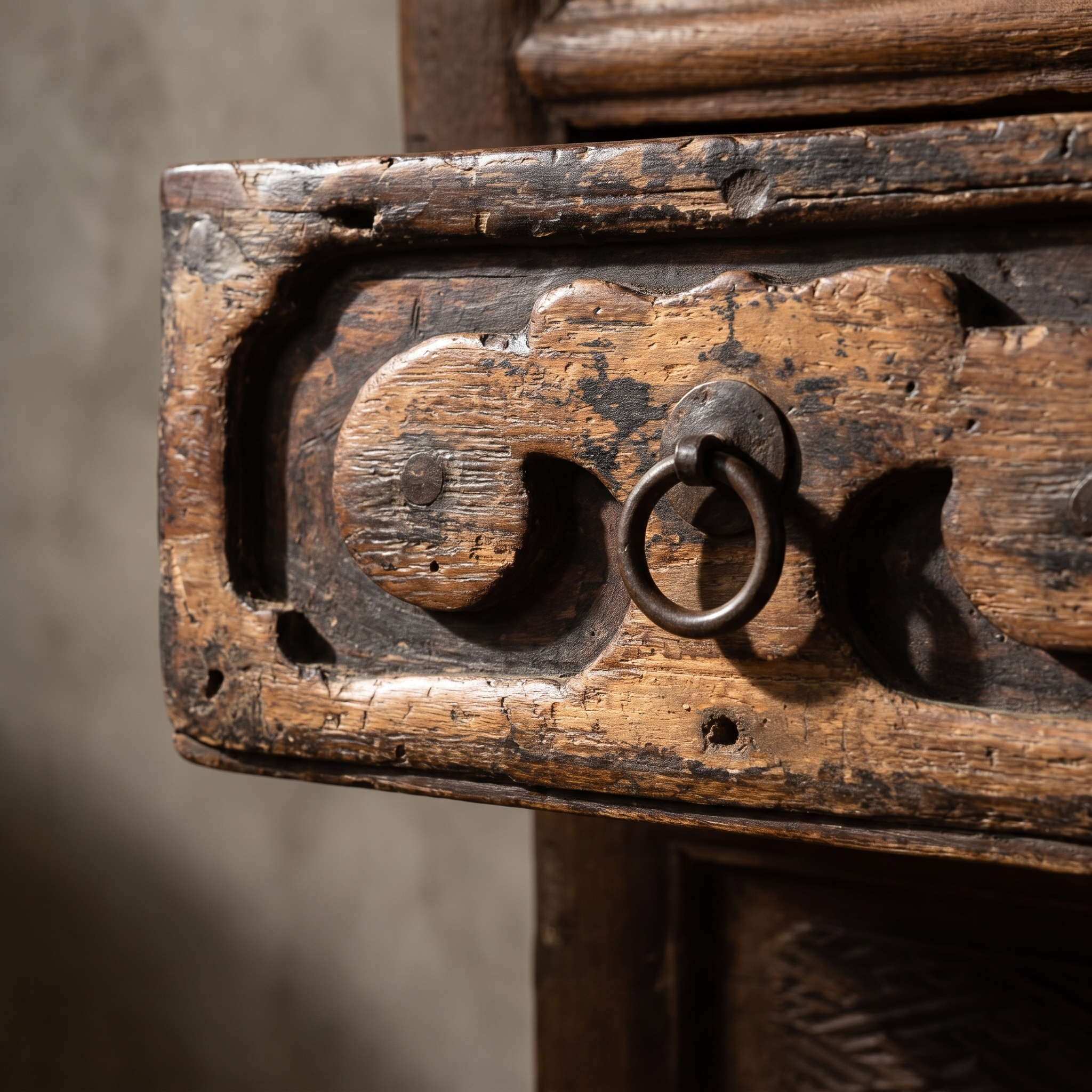 Macro detail of the carved cloud-bracket drawer pull with forged iron ring