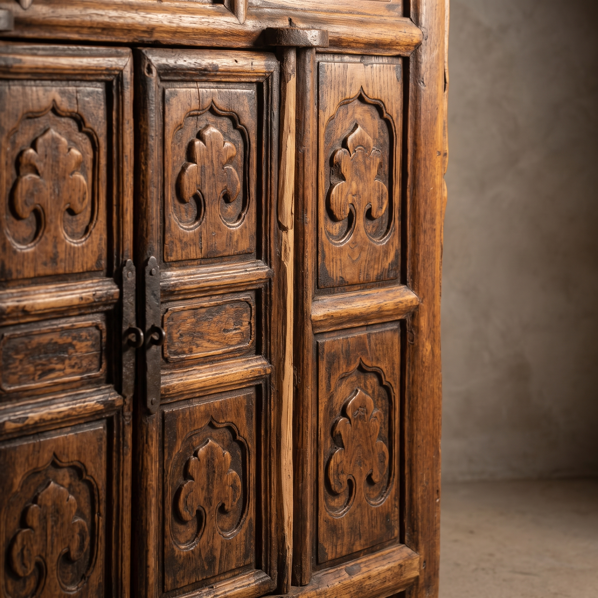 Macro detail of the cabinet doors and iron hasp, alternate angle