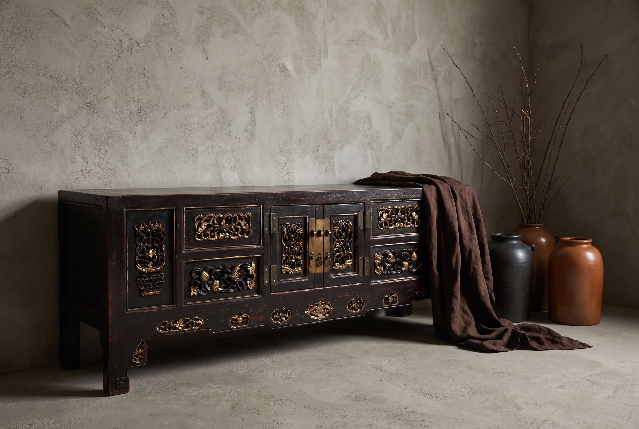 Antique Asian black lacquer console, three-quarter lifestyle view against a greige plaster wall
