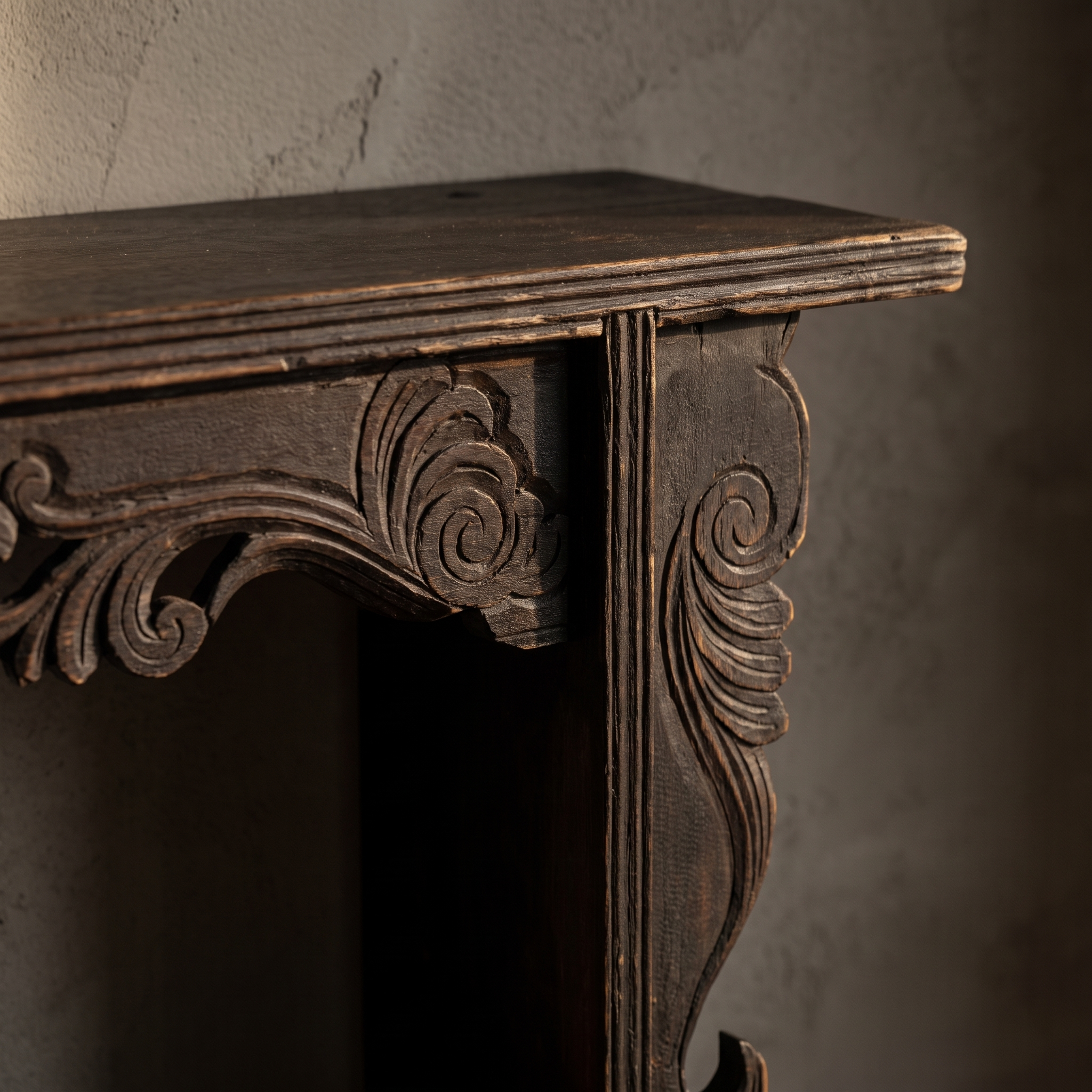Macro detail of carved corner bracket scrollwork and wear-through patina